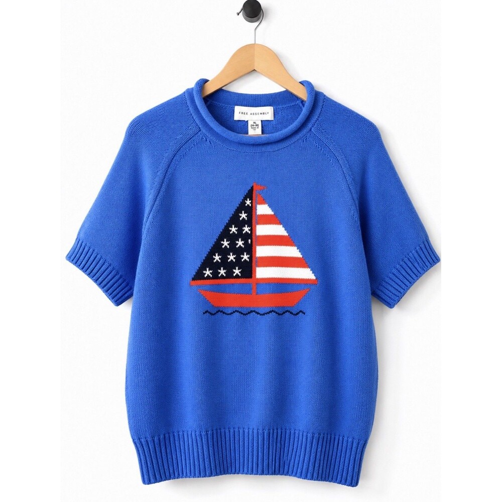 Free Assembly  Women Large 12-14 Sailboat Blue Cotton Knit Nautical Sweater